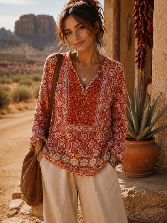Lucky Brand Tops - Lucky Brand Bohemian Medallion Print Top | Boho Peasant Western Tunic